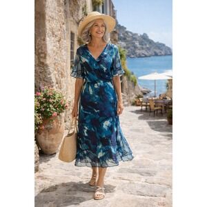 Danny & Nicole Dress 16 Blue‎ Chiffon Flutter Sleeve Ruffle Feminine Vintage 90s